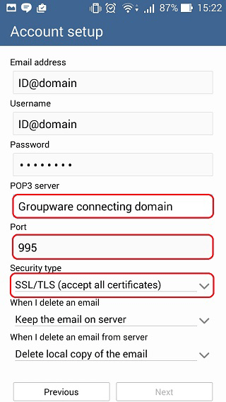 사용자 이름, 비밀번호, POP3 서버 주소를 입력