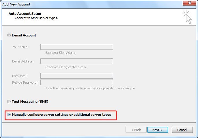 select Manually configure server settings or additional server types